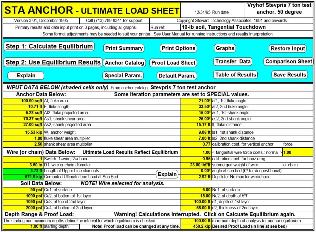STA ANCHOR Ultimate Load Sheet with Anchor Data and Controls