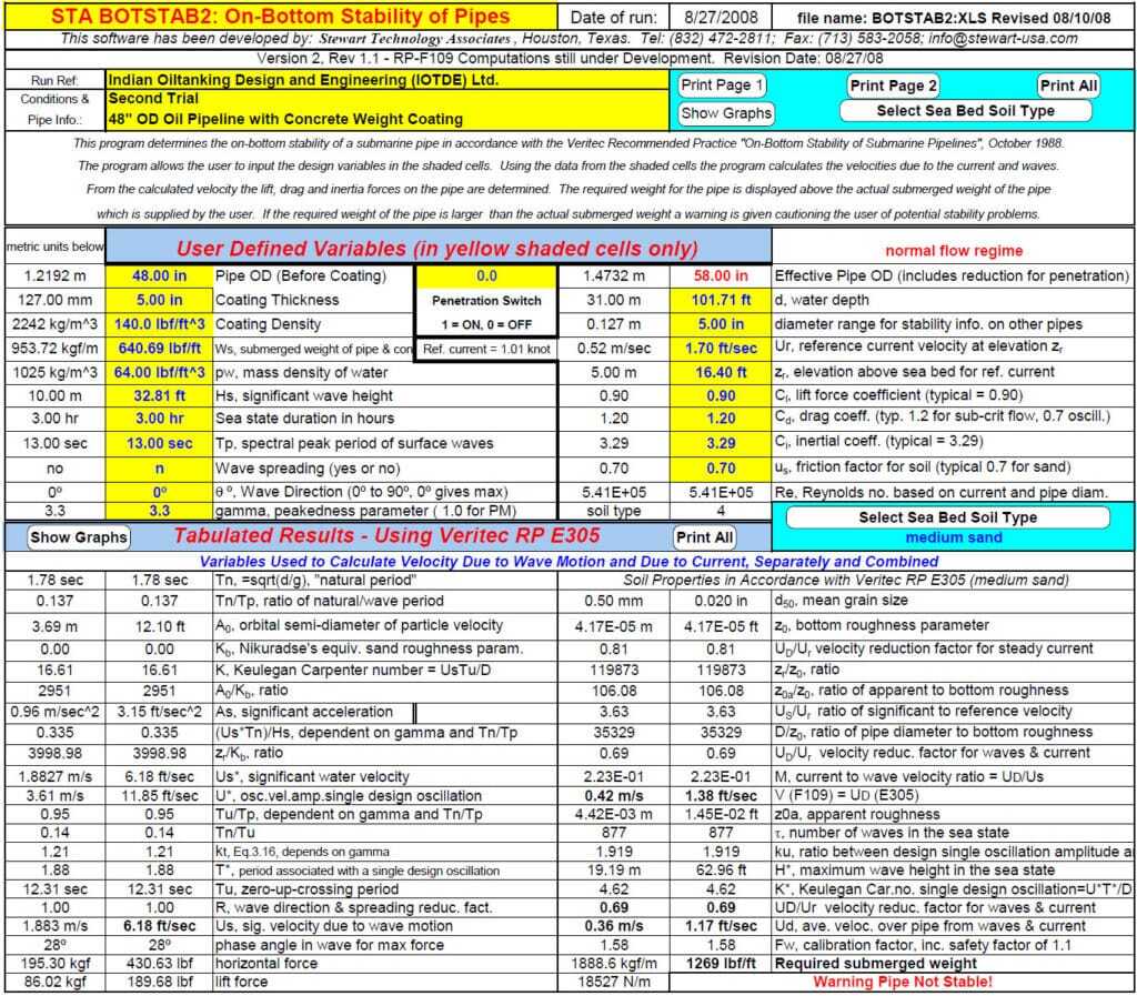 STA BOTSTAB Input and First Results for Submarine Pipeline On-Bottom Stability